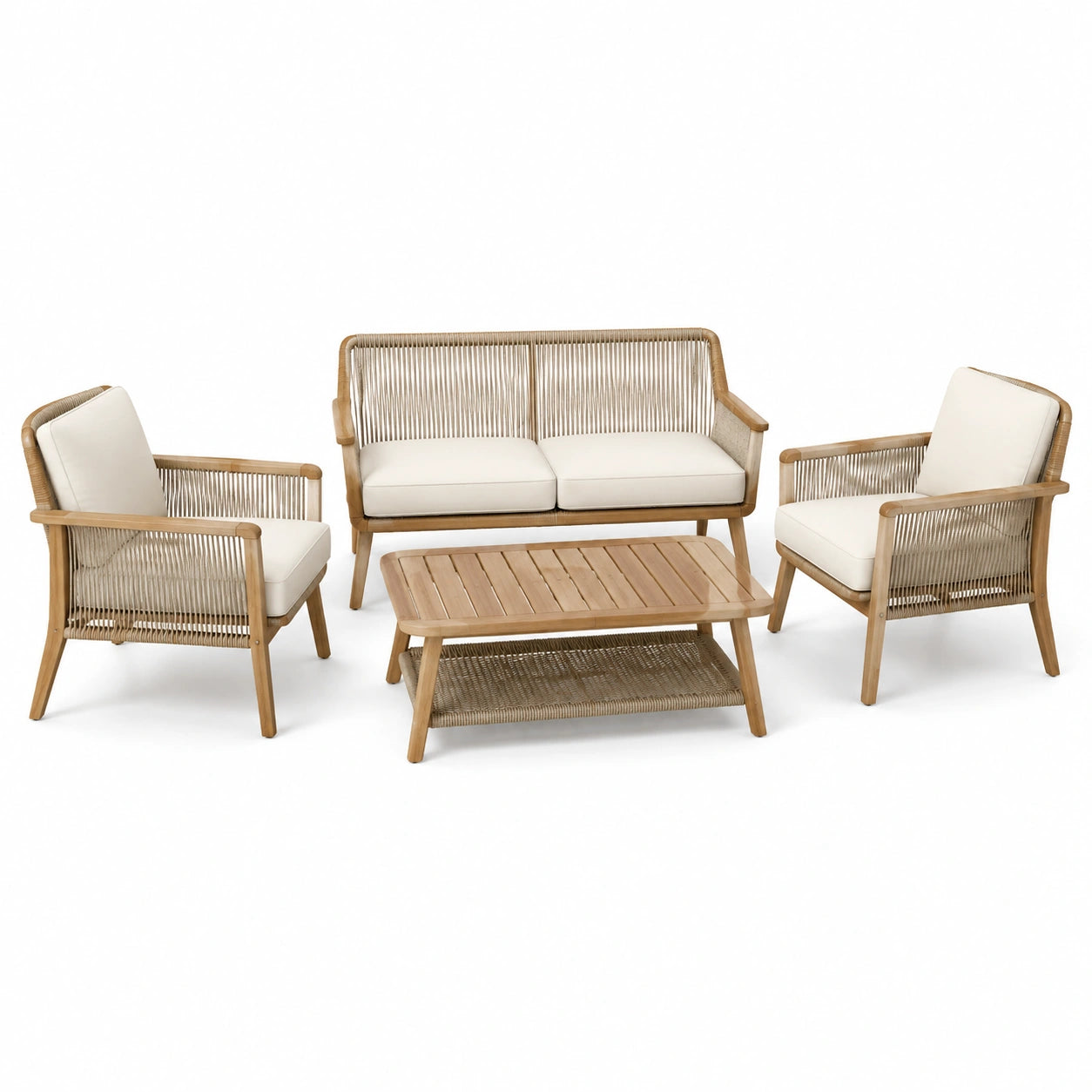 4-teiliges Gartenmöbel-Set aus Holz mit Kordelgeflecht in Natur/Beige, – ZENVELIAN