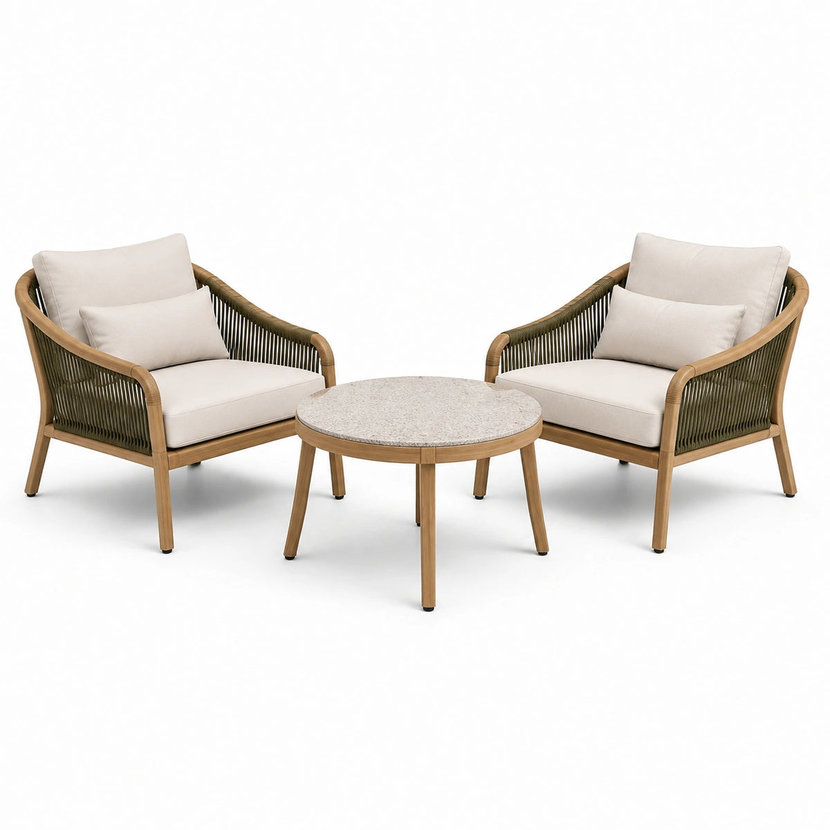 3-teiliges Gartenmöbelset mit 2 Sesseln 75 × 72 × 78 cm und rundem Tisch Ø 75 × 45 cm, Naturbraun, Olivgrün, Beige und Creme