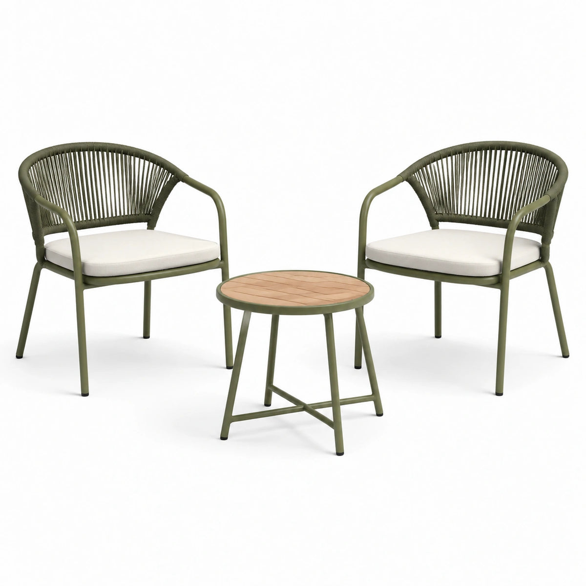 3-teiliges Set mit 2 Sesseln 60 × 60 × 78 cm und rundem Tisch Ø 50 × 48 cm, Olivgrün/Natur/Weiß
