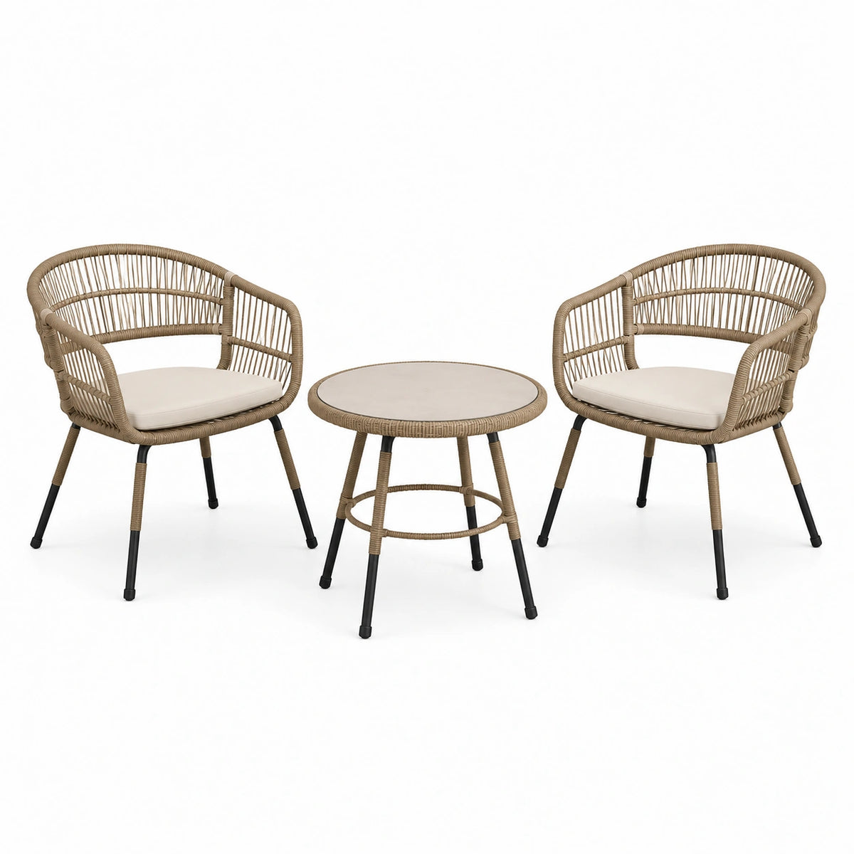 3-teiliges Gartenmöbel-Set Beige/Schwarz/Creme mit 2 Armlehnstühlen 70 × 65 × 78 cm und Rundtisch 70 × 70 × 45 cm