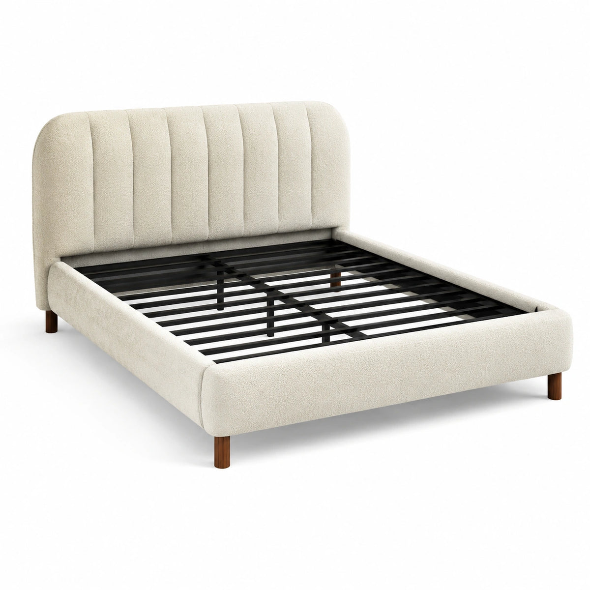 Polsterbett 160 × 200 cm in Creme mit gepolstertem Kopfteil, Metalllattenrost und Holzfüßen