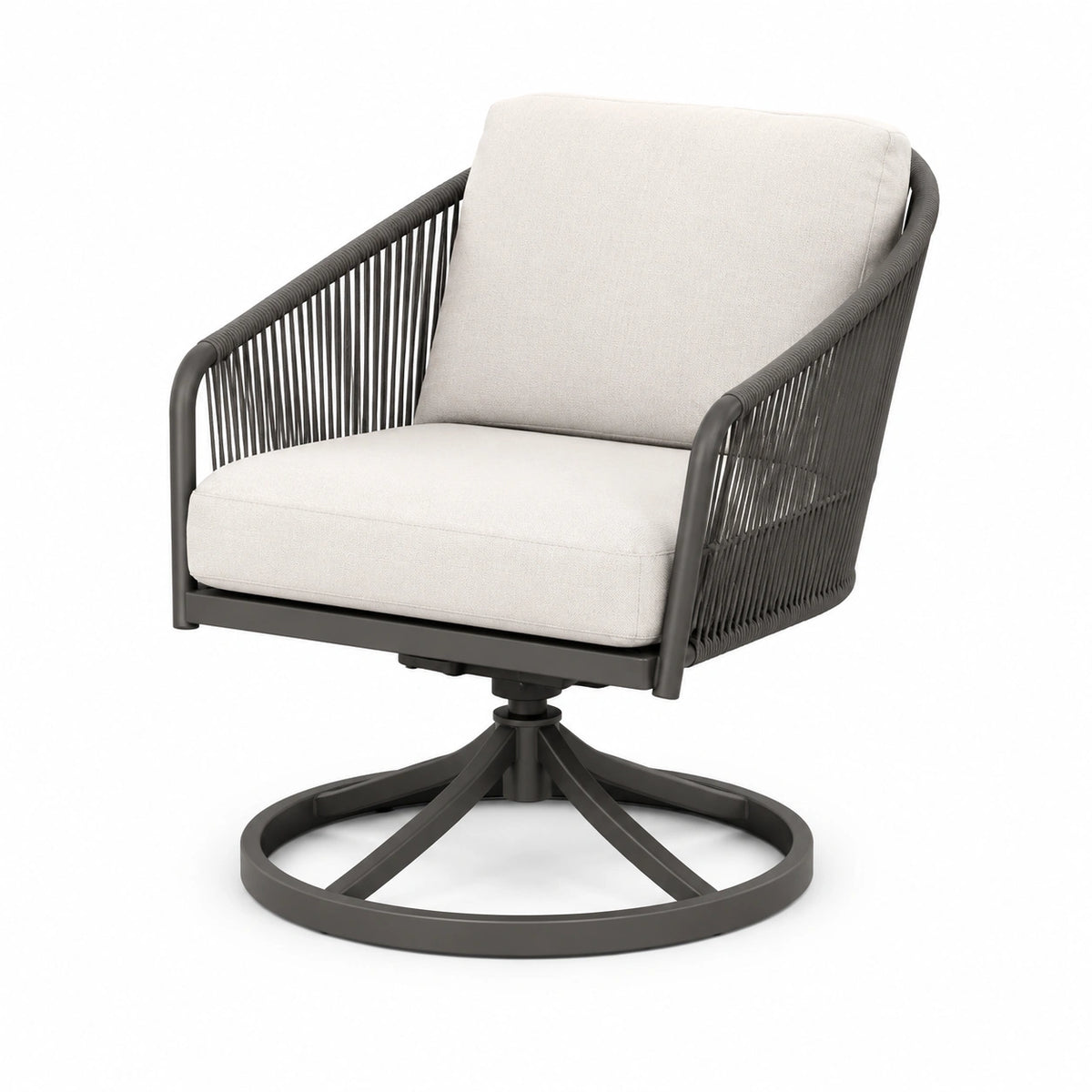 Drehbarer Loungesessel aus Metall und Seilgeflecht, 75 x 80 x 85 cm, Grau/Creme