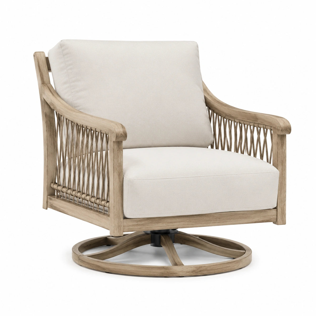 Drehbarer Holzsessel mit Kordelgeflecht, Natur/Creme, 78 × 83 × 88 cm