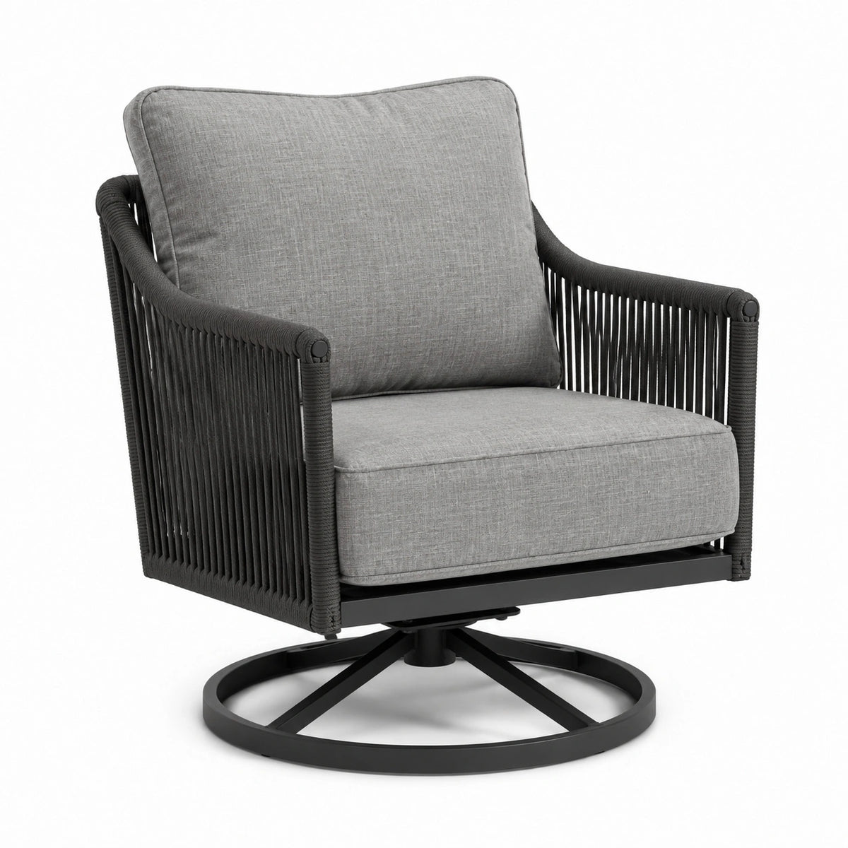Drehbarer Gartensessel 80 x 85 x 90 cm in Grau/Schwarz mit Seilgeflecht und Metallgestell