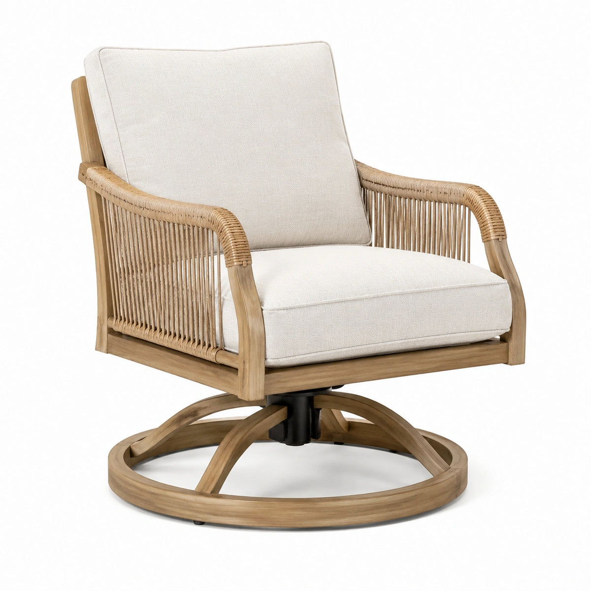 Drehbarer Sessel aus Holz und Kordelgeflecht, Natur/Weiß, 80 × 85 × 92 cm