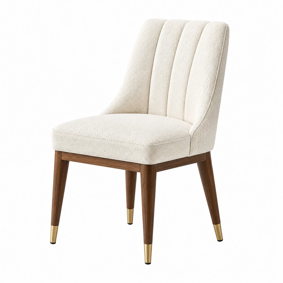 Bouclé-Polsterstuhl 52 × 62 × 88 cm in Creme mit braunem Holzgestell und goldfarbenen Fußkappen