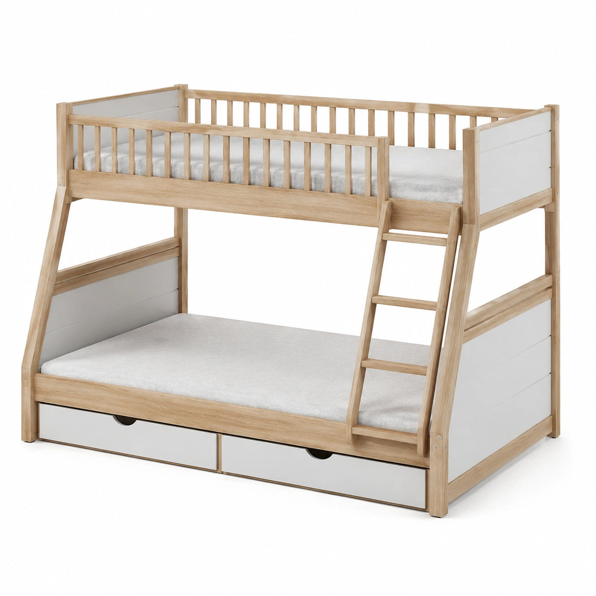 Etagenbett aus Holz, 208 × 100 × 170 cm, für Matratzen 90 × 200 cm, Naturholz/Weiß, mit Leiter und 2 Schubladen