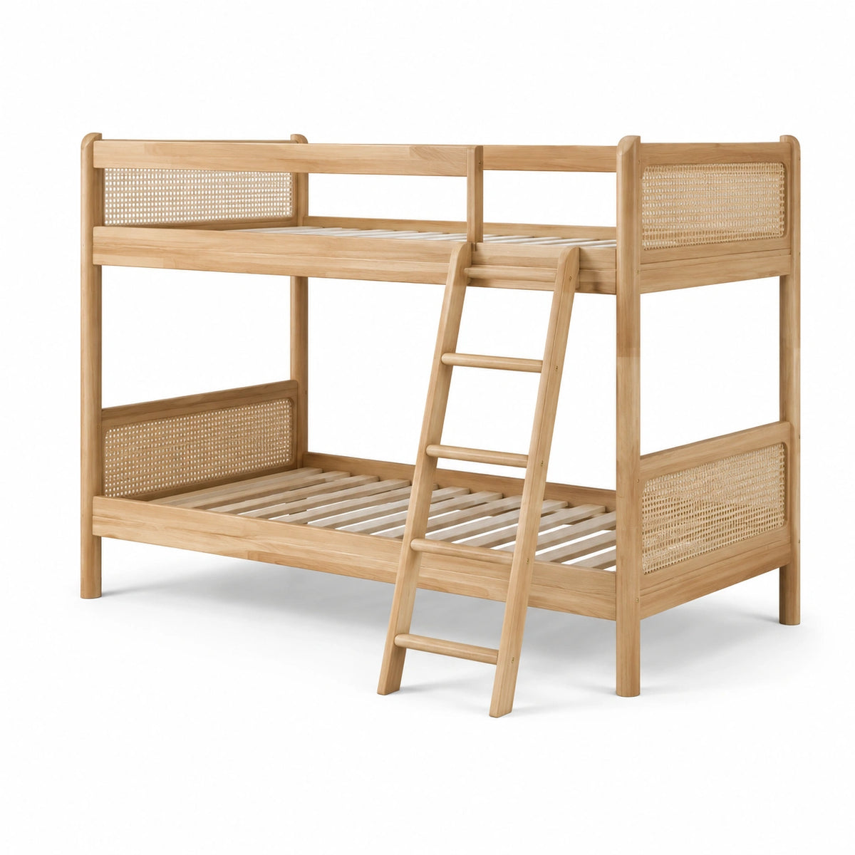 Etagenbett aus Holz mit Rattangeflecht und Leiter, Natur/Beige, 200 × 90 × 170 cm