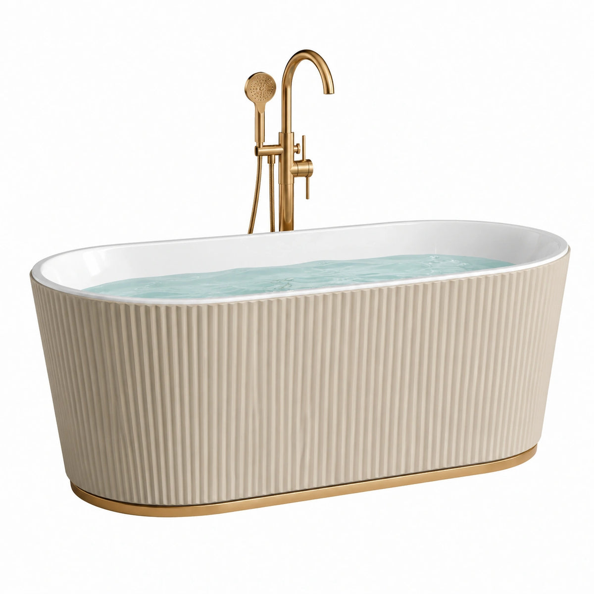 Freistehende Badewanne aus Sanitäracryl, 170 × 75 × 58 cm, Weiß/Cremeweiß mit goldfarbenem Sockel