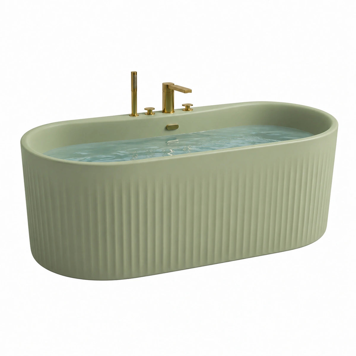 Freistehende ovale Badewanne aus Acryl in Salbeigrün, gerippte Oberfläche, 170 × 80 × 58 cm