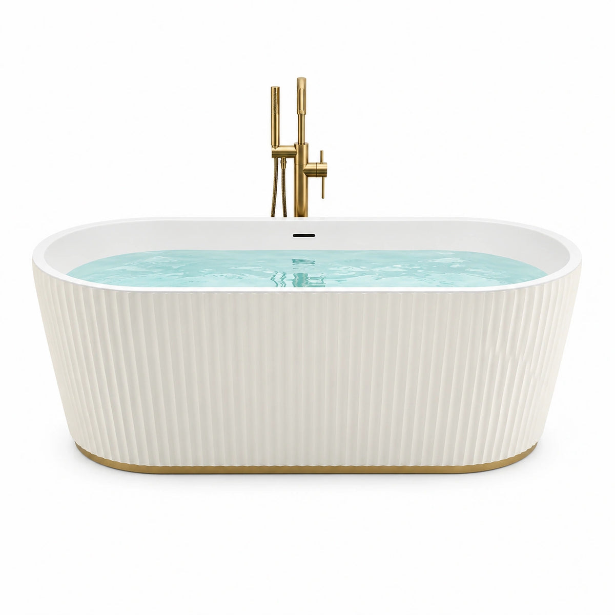 Freistehende ovale Badewanne aus Acryl, 170 x 80 x 58 cm, Weiß/Gold, geriffelte Außenseite