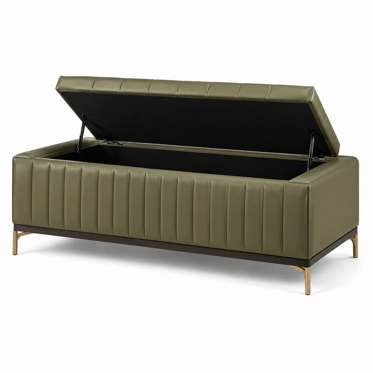 Gepolsterte Aufbewahrungsbank mit Klappdeckel, 140 × 45 × 50 cm, Olivgrün/Schwarz/Gold
