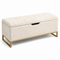 Gepolsterte Sitzbank mit Stauraum aus Bouclé in Creme mit goldfarbenem Metallgestell, 120 × 45 × 48 cm