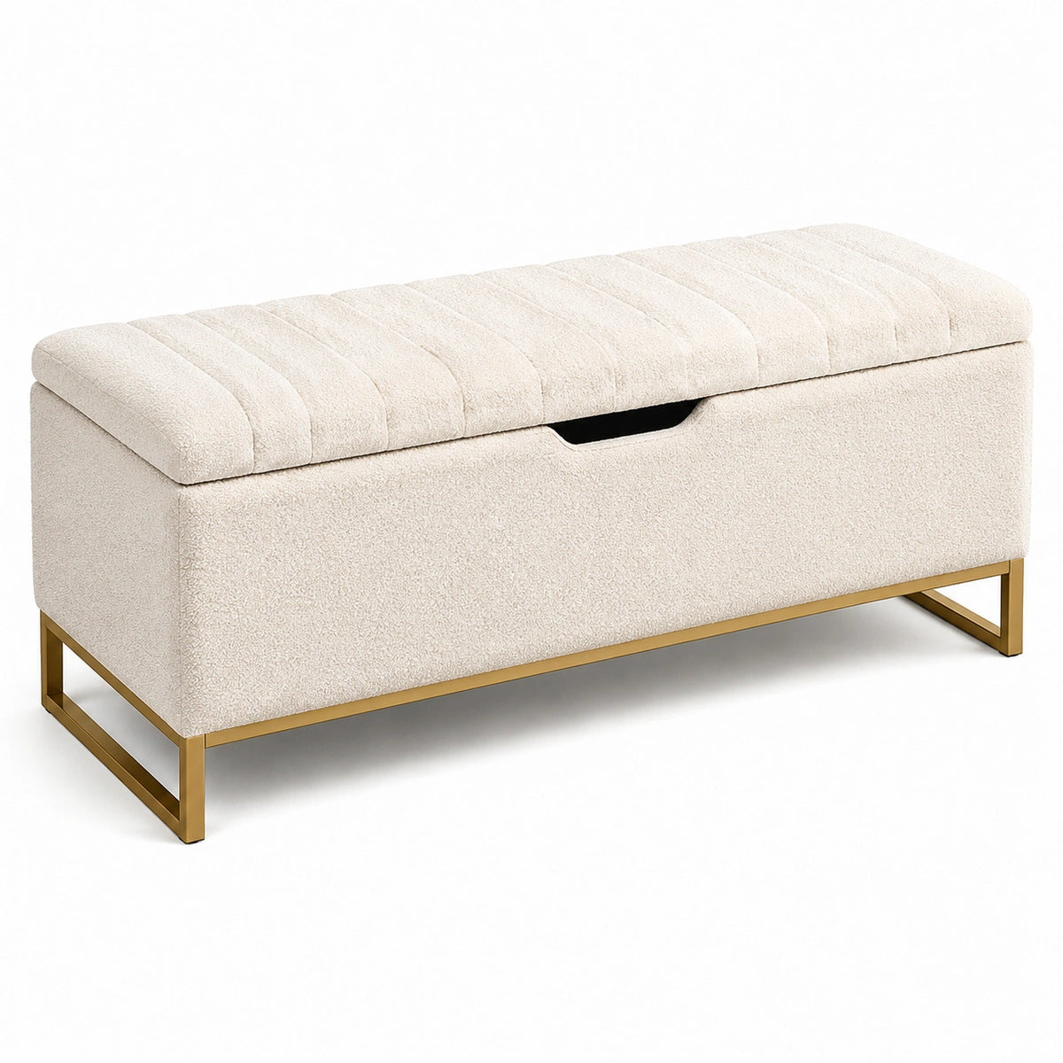 Gepolsterte Sitzbank mit Stauraum aus Bouclé in Creme mit goldfarbenem Metallgestell, 120 × 45 × 48 cm