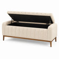 Gepolsterte Aufbewahrungsbank 130 × 55 × 80 cm mit Bouclé-Bezug in Beige und braunen Holzbeinen