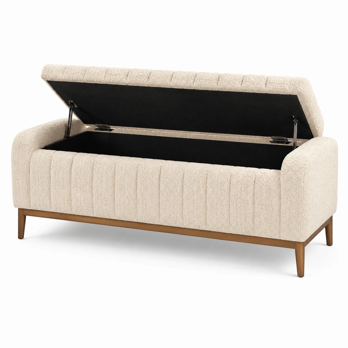 Gepolsterte Aufbewahrungsbank 130 × 55 × 80 cm mit Bouclé-Bezug in Beige und braunen Holzbeinen