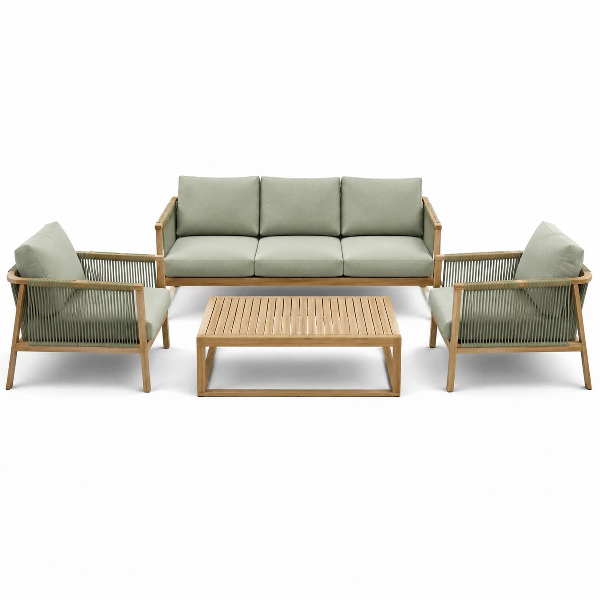 4-teiliges Lounge-Set Grün/Natur mit Holzgestell und Seilgeflecht, Dreisitzer 210 × 80 × 75 cm, Sessel 80 × 80 × 75 cm, Tisch 120 × 60 × 42 cm