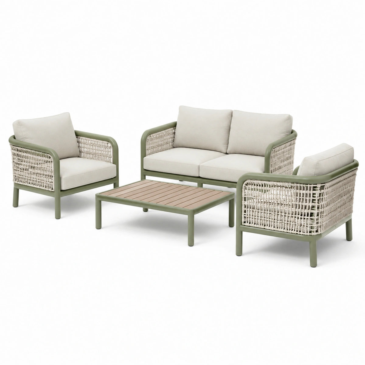 4-teiliges Lounge-Set Grün/Beige/Hellbraun mit Seilgeflecht, Zweisitzer 140 x 75 x 75 cm, Sessel je 72 x 75 x 75 cm, Tisch 100 x 60 x 42 cm
