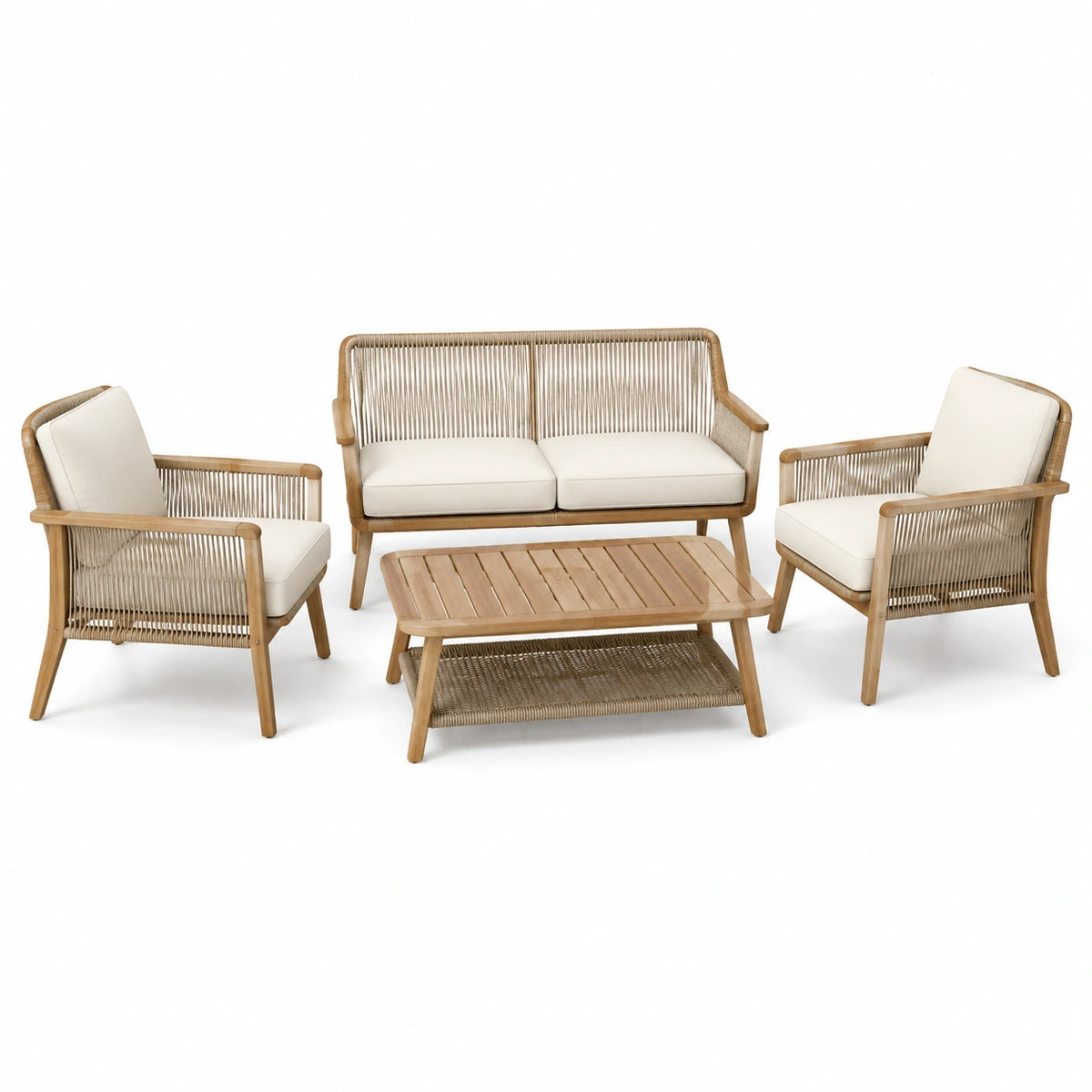 4-teiliges Gartenmöbel-Set aus Holz mit Kordelgeflecht in Natur/Beige, Zweisitzer 130 x 75 x 78 cm