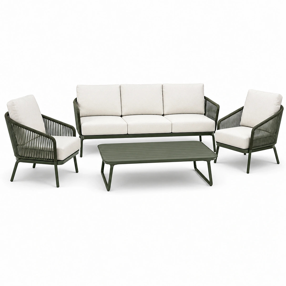 4-teiliges Gartenlounge-Set mit 3-Sitzer, 2 Sesseln und Couchtisch, Dunkelgrün/Beige – 202 × 78 × 76 cm
