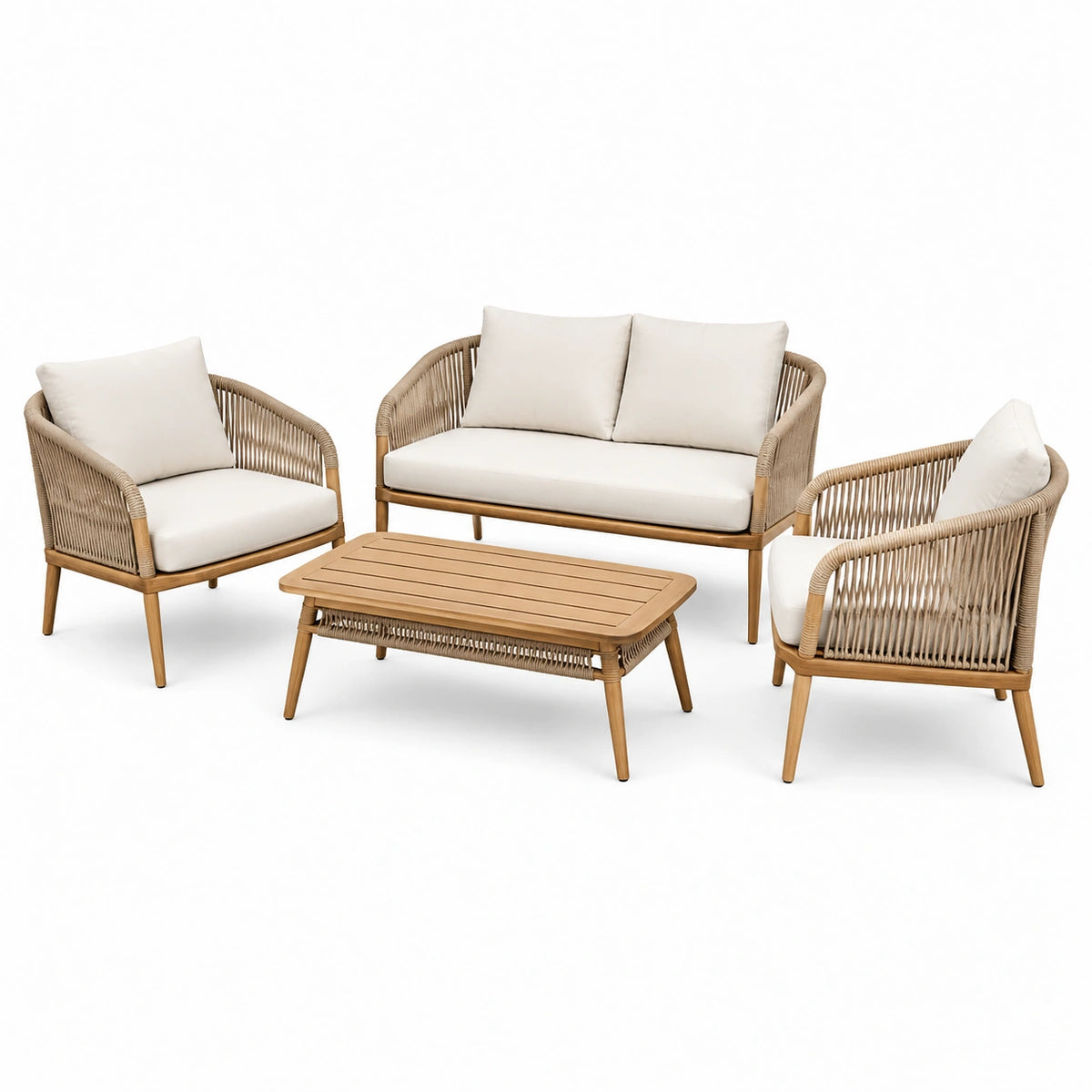 4-teiliges Garten-Loungeset in Natur/Weiß – Sofa 130 × 75 × 75 cm, 2 Sessel 72 × 75 × 75 cm, Tisch 100 × 60 × 45 cm