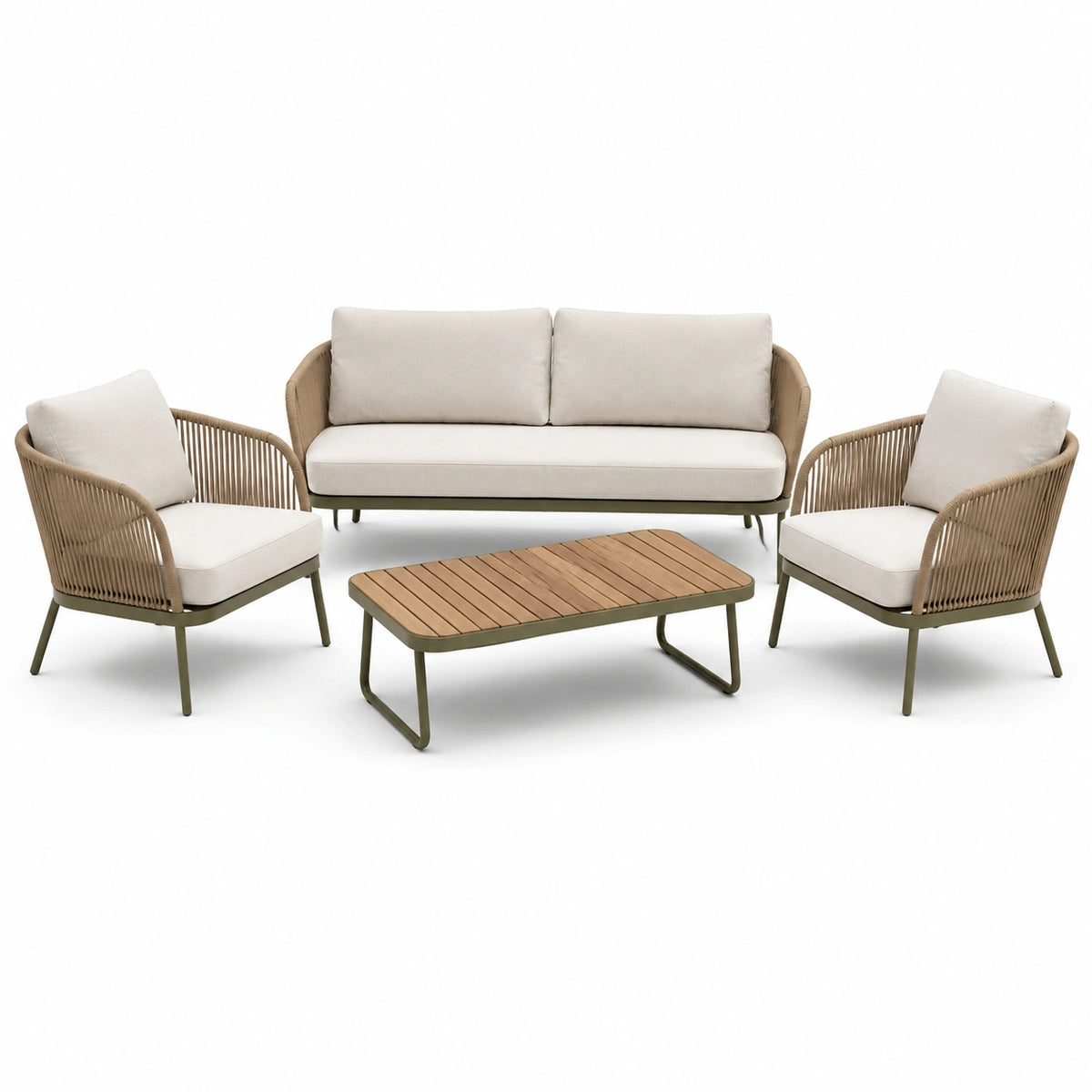 4-teiliges Garten-Loungeset in Beige, Dunkelgrün und Naturholzoptik, Zweisitzer 198 × 78 × 76 cm