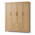 Kleiderschrank in natürlicher Eichenholzoptik mit goldfarbenen Griffen, 200 × 60 × 220 cm, 4 Türen und 2 Schubladen