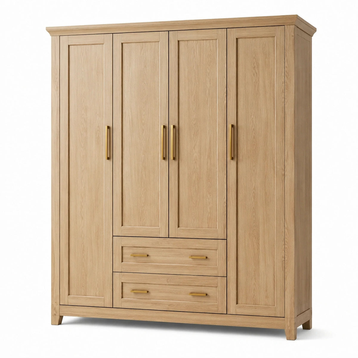 Kleiderschrank in natürlicher Eichenholzoptik mit goldfarbenen Griffen, 200 × 60 × 220 cm, 4 Türen und 2 Schubladen