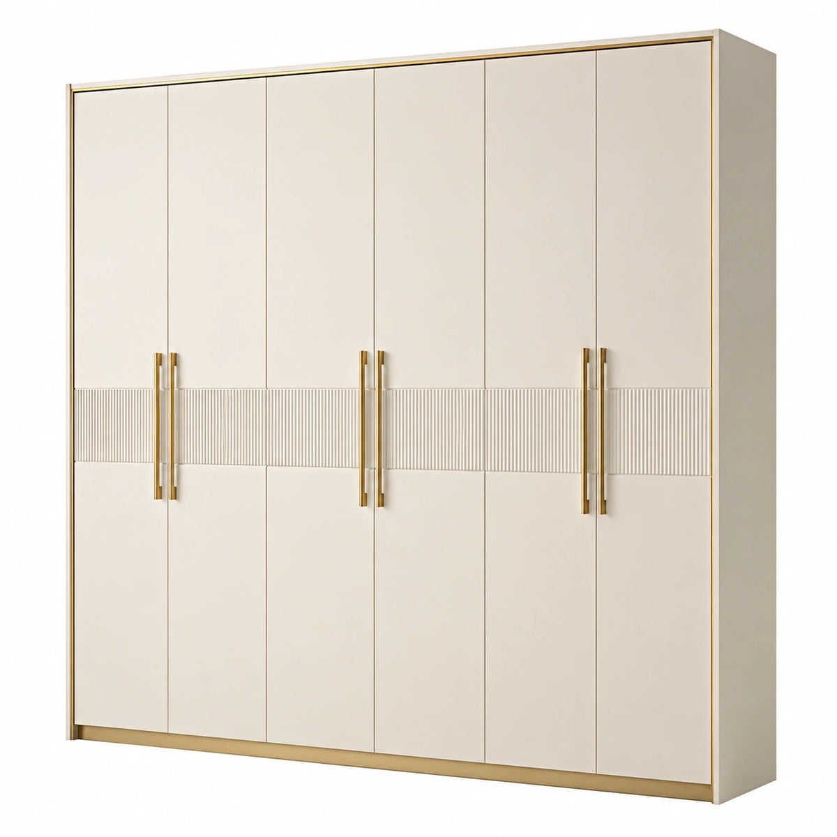 Kleiderschrank 240 × 60 × 220 cm in Cremeweiß und Gold mit 6 Türen und geriffeltem Dekor