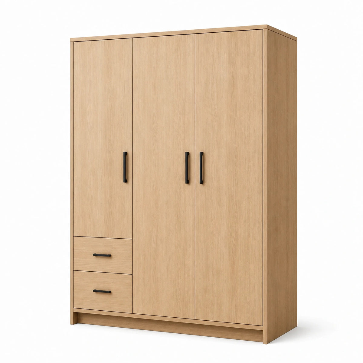 Kleiderschrank 120 x 55 x 200 cm in Eichenfarben mit schwarzen Griffen, 3 Türen und 2 Schubladen