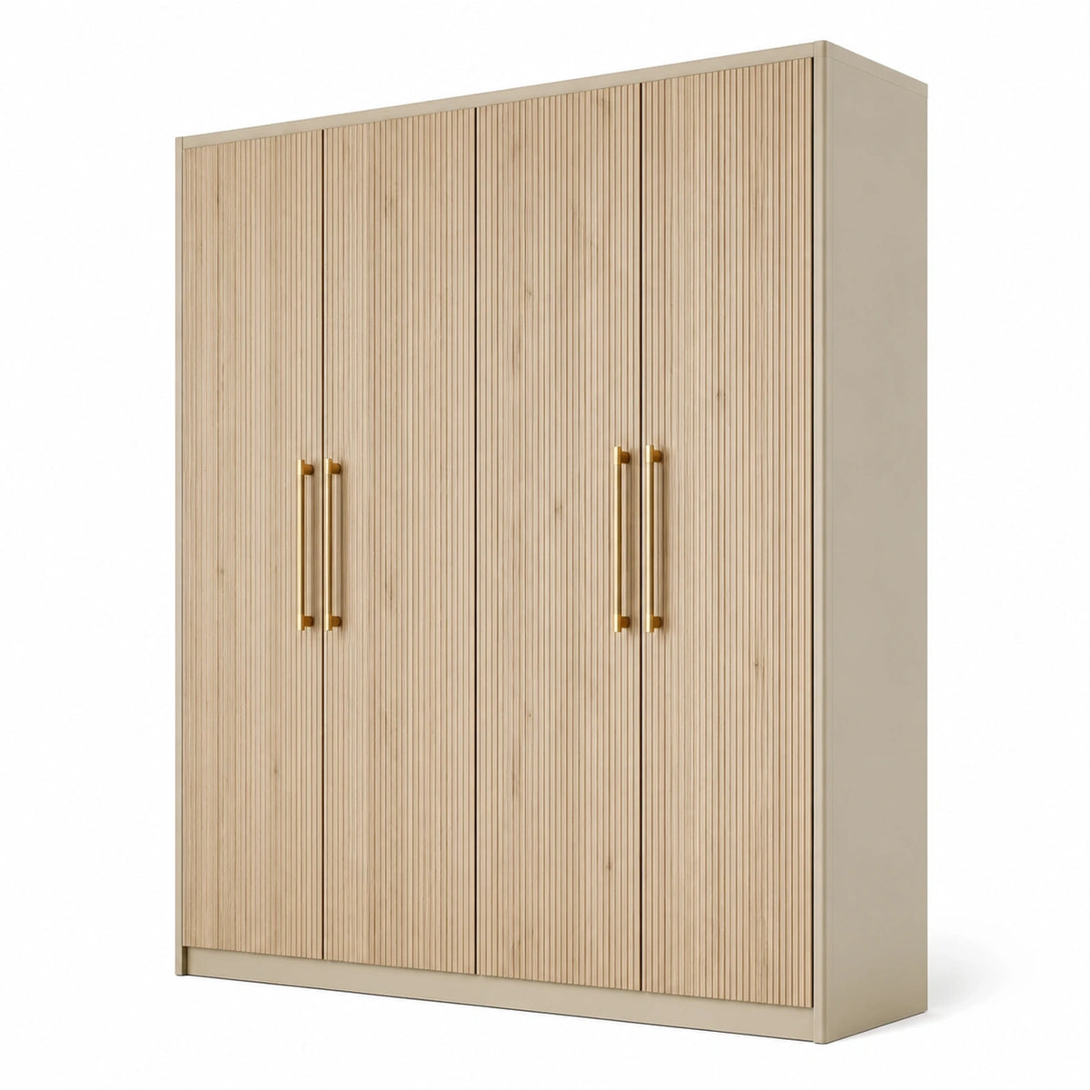 180 × 60 × 200 cm, Beige, Hellholz und Gold, mit 4 geriffelten Drehtüren