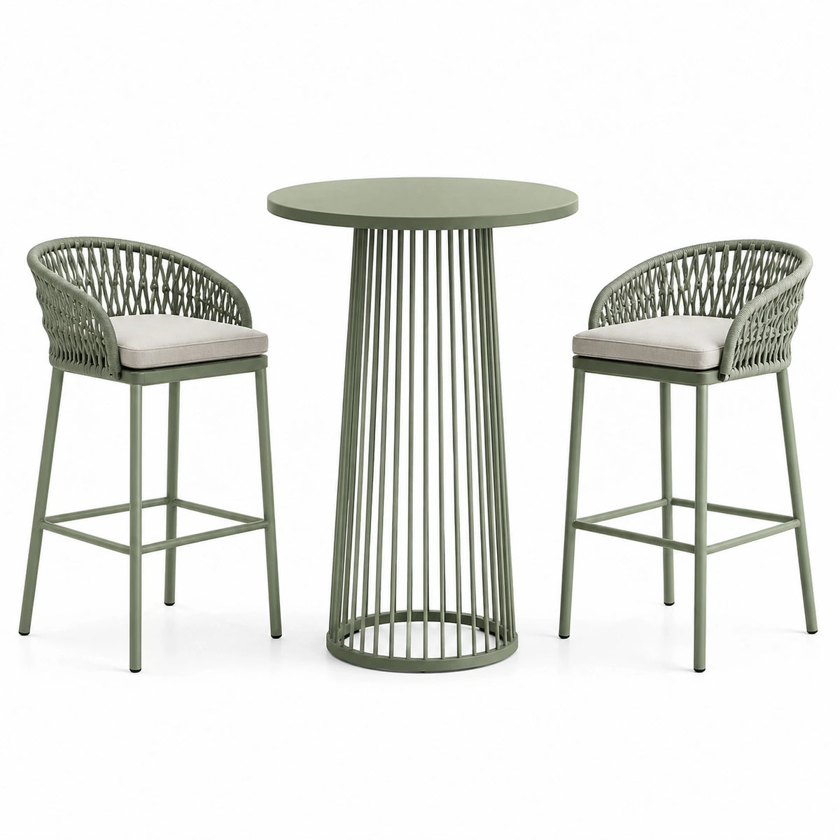 3-teiliges Garten-Barset Grün/Hellgrau mit 2 Barstühlen und Stehtisch, Tisch Ø 70 × 105 cm, Stühle 55 × 55 × 105 cm
