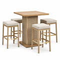 5-teiliges Bartischset mit 4 gepolsterten Hockern, 120 × 120 × 105 cm, Natur/Beige/Gold