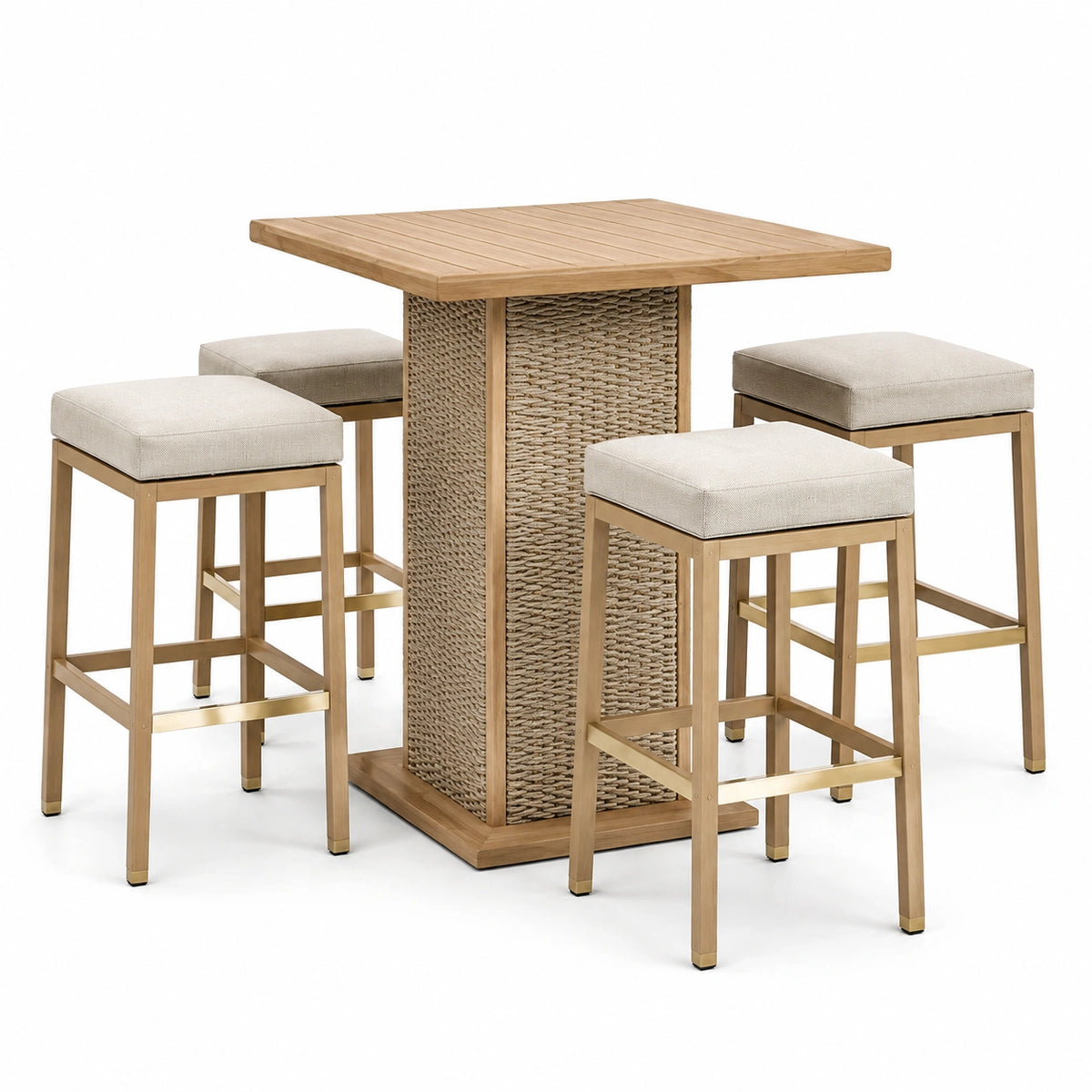 5-teiliges Bartischset mit 4 gepolsterten Hockern, 120 × 120 × 105 cm, Natur/Beige/Gold