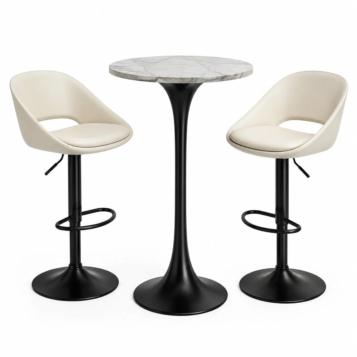 3-teiliges Bartisch-Set mit rundem Tisch Ø 80 × 100 cm und 2 höhenverstellbaren Barhockern 50 × 52 × 94 cm, Weiß/Schwarz/Grau